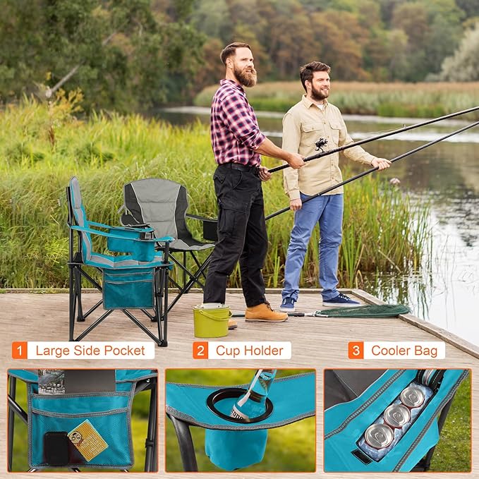 LANMOUNTAIN Oversized Padded Camping Chairs for Adults,Heavy Duty Support 400 Lbs,Folding Portable Lawn Chair w/Cup Holder,Cooler Bag,Side Pocket,Perfect for Outdoor Picnic,Hiking(Blue)