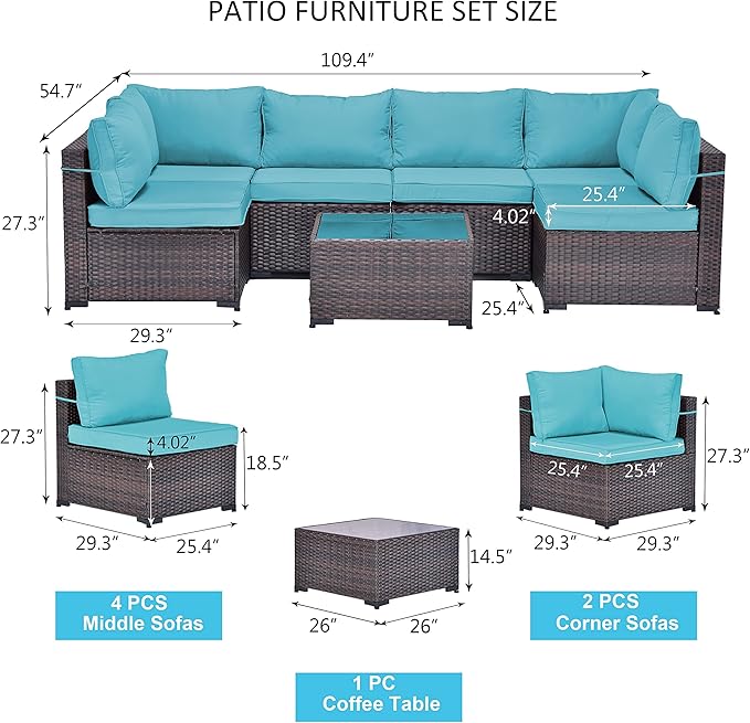 Kullavik 7 Pieces Outdoor Patio Furniture Set,Wicker Outdoor Sectional Sofa,All-Weather Patio Conversation Sets with Washable Thick Cushions & Coffee Table for Garden,Backyard,Balcony,Porch,Blue