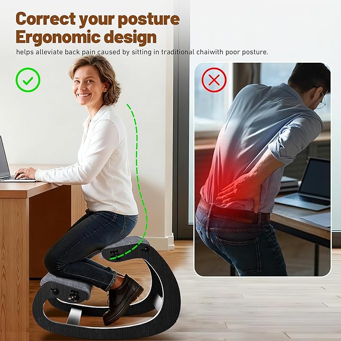 TinyHaven Ergonomic Kneeling Chair with Wooden Frame - Adjustable Height Office Chair with Soft Padding for Back Pain Relief, Posture Correcting Home & Office Desk Chair Black