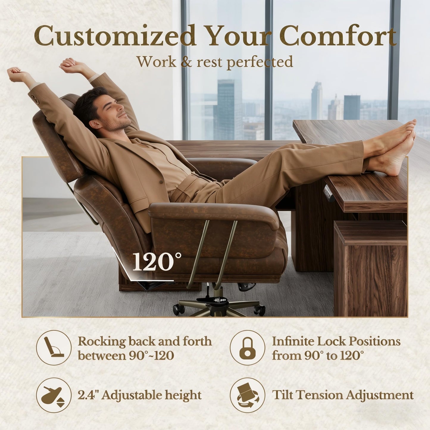 Marsail Executive Office Chair, PU Leather Ergonomic Desk Chair with Thick Cushion & Lumbar Support, Mid-Century Modern Swivel Computer Chair for Home Office, Brown