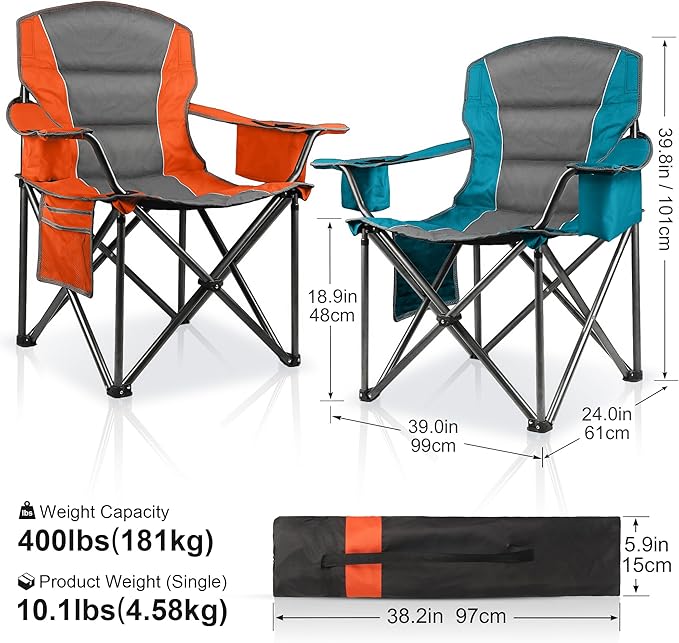 LANMOUNTAIN 2 Pack Padded Oversized Camping Chairs for Adults,Heavy Duty Support 400 Lbs,Folding Portable Lawn Chair w/Cup Holder,Cooler Bag,Side Pocket,Perfect for Outdoor Picnic,Hiking(Orange&Blue)