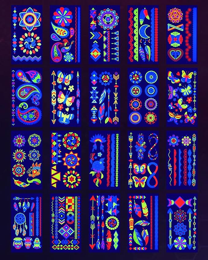Ozepao 20 Sheets Glow in The Black Light Temporary Tattoos, Glow Party Supplies for Adults and Kids, 160+ Neon UV Glow Flu...