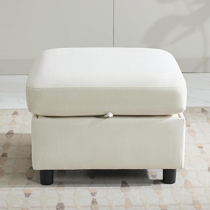 WUTUTUEE 25" Square Storage Ottoman for Modular Sectional Sofa, Convertible Couch Footrest with Hidden Compartment, Chenille Upholstered Coffee Table & Extra Living Room Seating, Beige