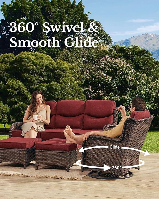 HILLGA Luxury Patio Furniture Set with 6-inch Thick Cushion, Outdoor Couch and High Back Swivel Rocker Patio Chairs, 11PCS Wicker Conversation Set for Deck Yard and Poolside, Burgundy (V2)