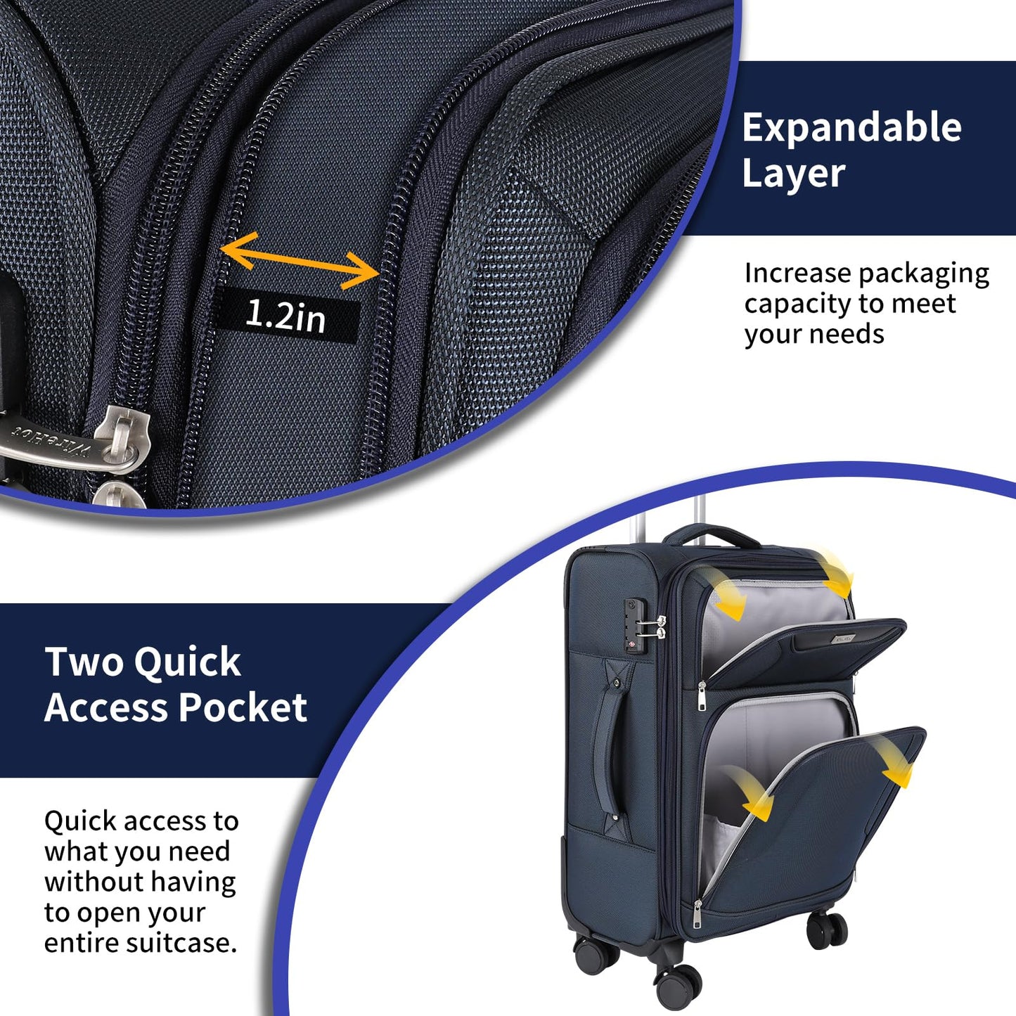 WireHot 3-Piece Softside Expandable Luggage Set with Front Open Pocket, Lightweight and Durable Oxford Fabric Suitcase Set with TSA Lock (Blue, 20in/24in/28in)