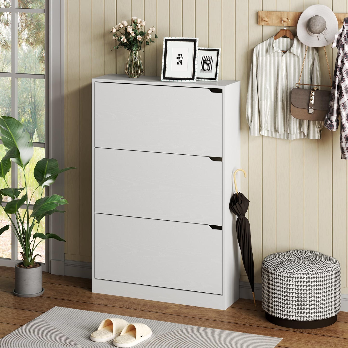 BORNOON Shoe Cabinet with 3 Flip Drawers, Hidden Wood Shoe Cabinet,Freestanding Shoe Storage Cabinet for Entryway Hallway.White. 47.2" H*31.5" W*9.25" D.