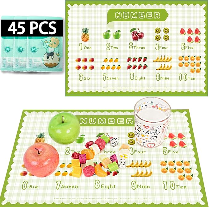 KAshack 45 Pack Sticky Disposable Placemats for Baby & Toddlers,Cute Number Fruit Toddler Placemat 12"x18" Kids Table Mat ...