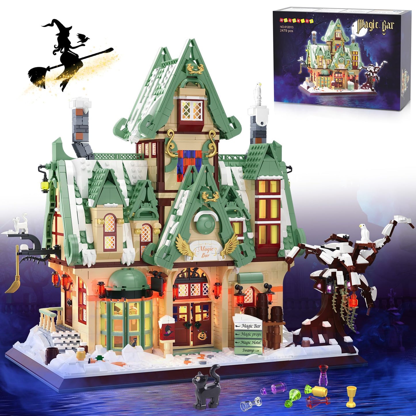 HOGOKIDS Magic Bar House Building Set with LED Light - Halloween House Architecture 3.6mm Mini Building Block Home Office Decor, Magical Birthday Gift for Adults Kids Age 10+ Boy & Girl (2479 PCS)