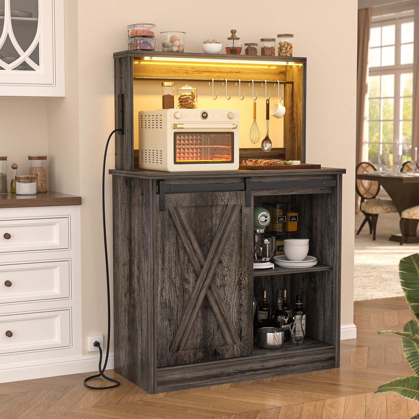 Homieasy Farmhouse Coffee Bar Cabinet with Charging Station & Led Lights, Charming Buffet Cabinet with Hutch, Customizable Storage with Barn Door Style, Perfect for Kitchen, Living Room, Black Oak