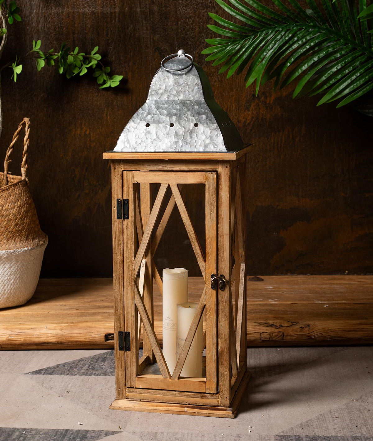 Large Farmhouse Wooden Metal Lantern Set of 2, Rustic Decorative Floor Candle Lanterns, Indoor/Outdoor Hanging Lanterns for Home Decor (No Glass)