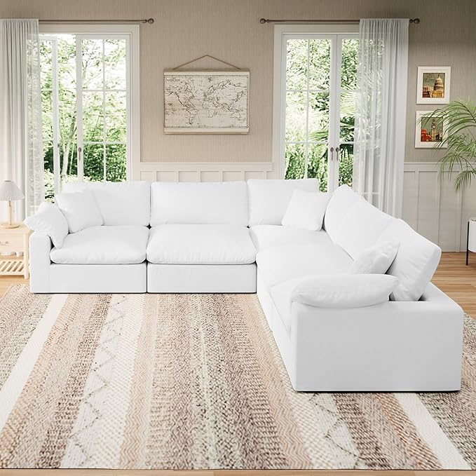 Intuition Decor Modular Sectional Sofa Cloud Couch,Down Filled Comfy Cloud Modern Sofa,White Linen V Shape 5 Seater Oversized Couch Cushion Covers Removable for Living Room