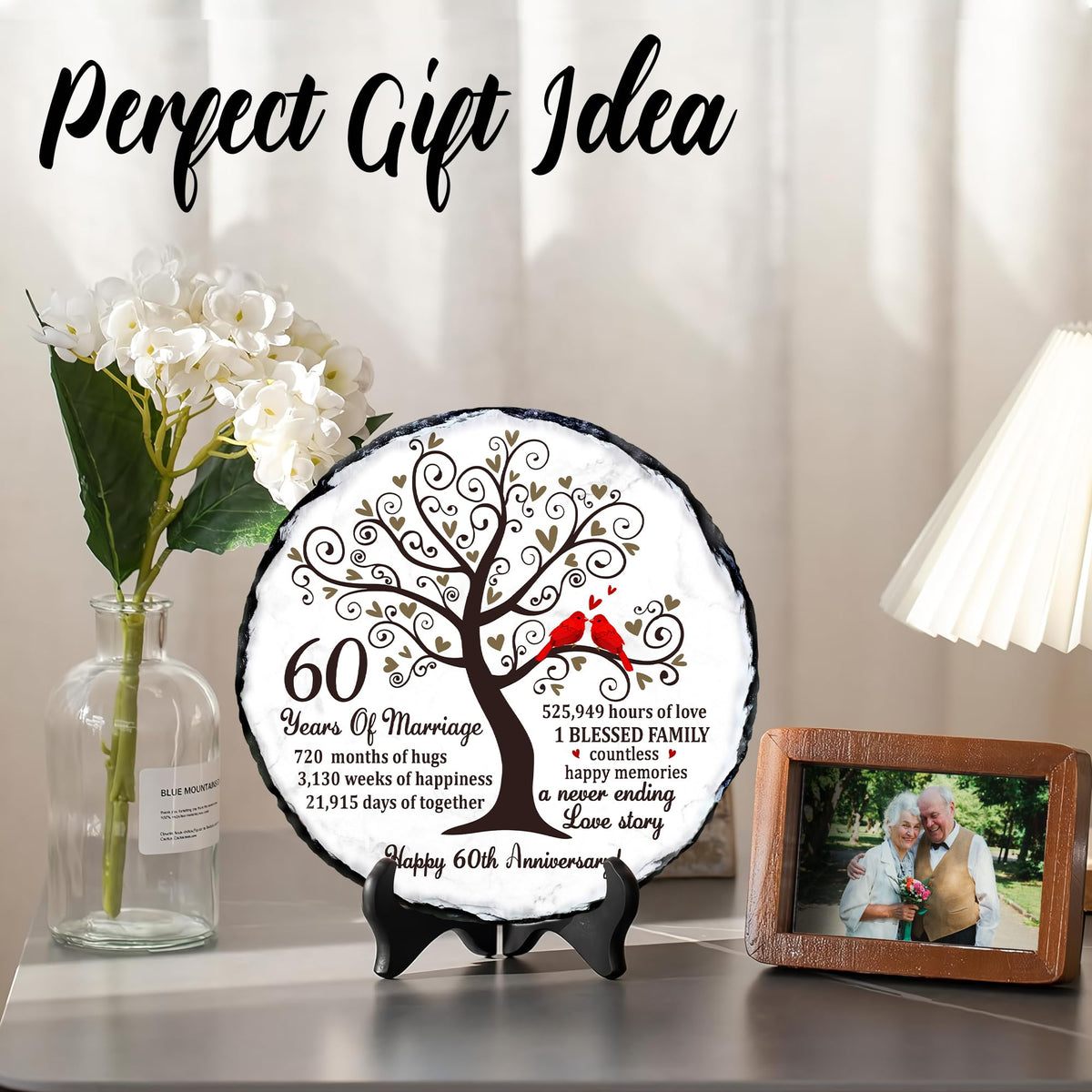 Bozspacer 60th Diamond Wedding Anniversary Natural Slate - 60th Wedding Gifts for Parents Grandparents - 60th Anniversary Decorations Unique Gift Ideas - 60 Years of Marriage Plaque, Keepsake