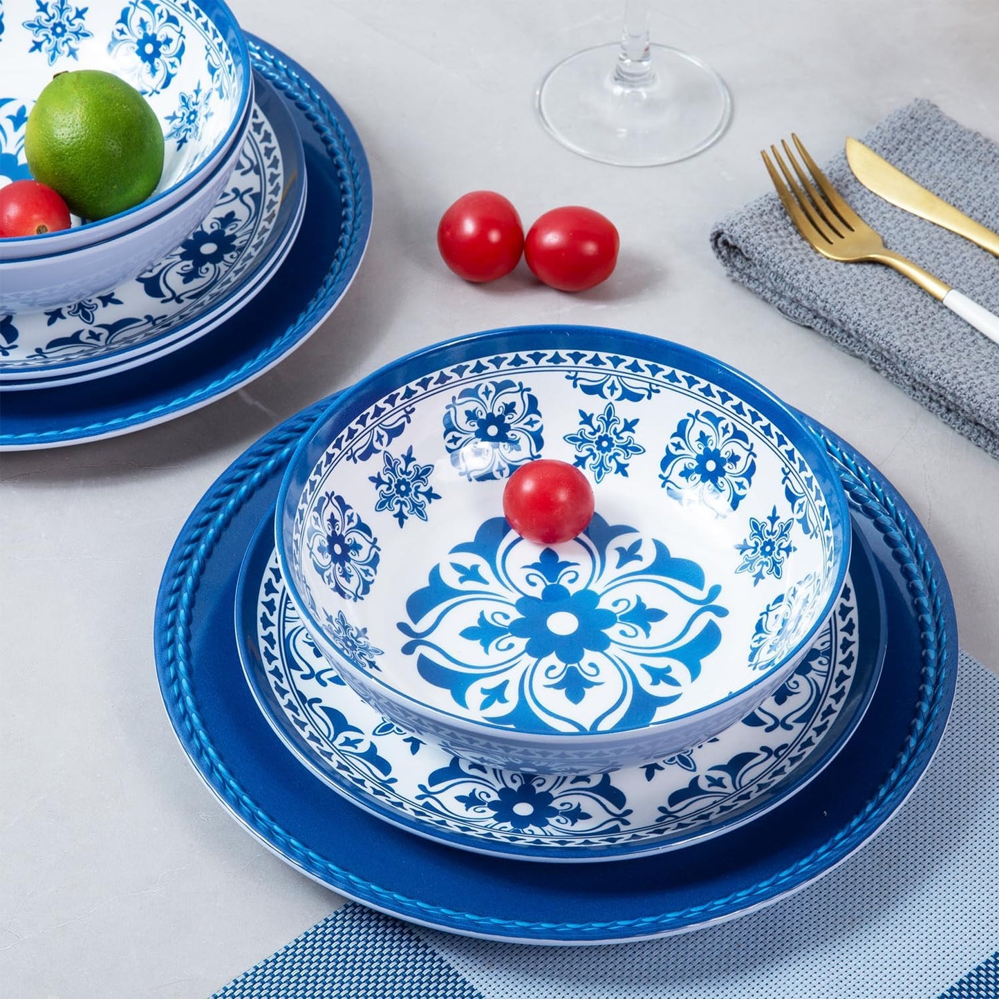 Melamine Dinnerware Set -12pcs Outdoor and Indoor Plates and Bowls Set ,Service for 4, Dishwasher Safe, Blue Flower