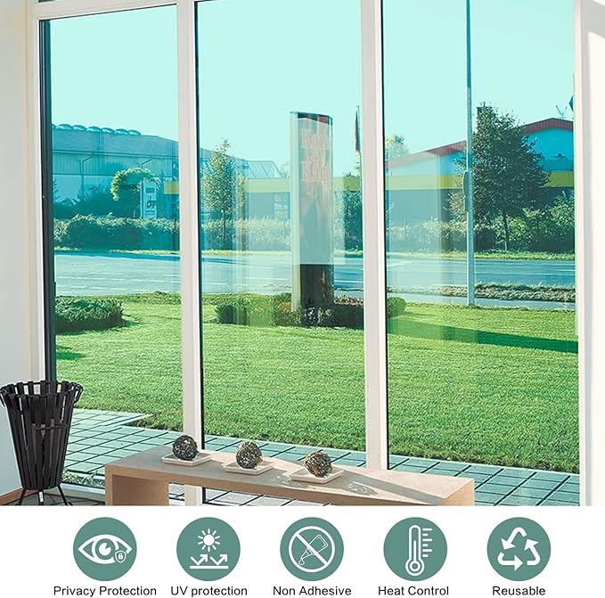 Filmgoo Window Privacy Film One Way Daytime Mirror Tint Treatments UV Heat Control Vinyl Stickers Sun Block Glass Paper Door Covering Reflective,Green Silver,35.4 Inch x 6.5 Feet