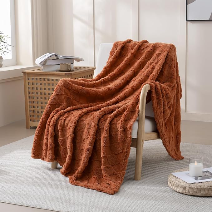 Burnt Orange Throw Blanket for Couch Sofa Bed 50x60 inches,Fleece Blankets Microfiber Flannel with Diamond Checkered Patte...