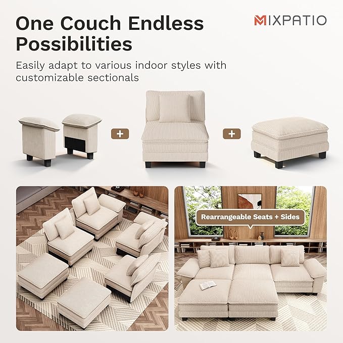 MIXPATIO 53.5" Cloud Modular Sectional Single Sofa, Deep Seat Armchair with Plush Corduroy & Removable Arms for Living Room, Beige