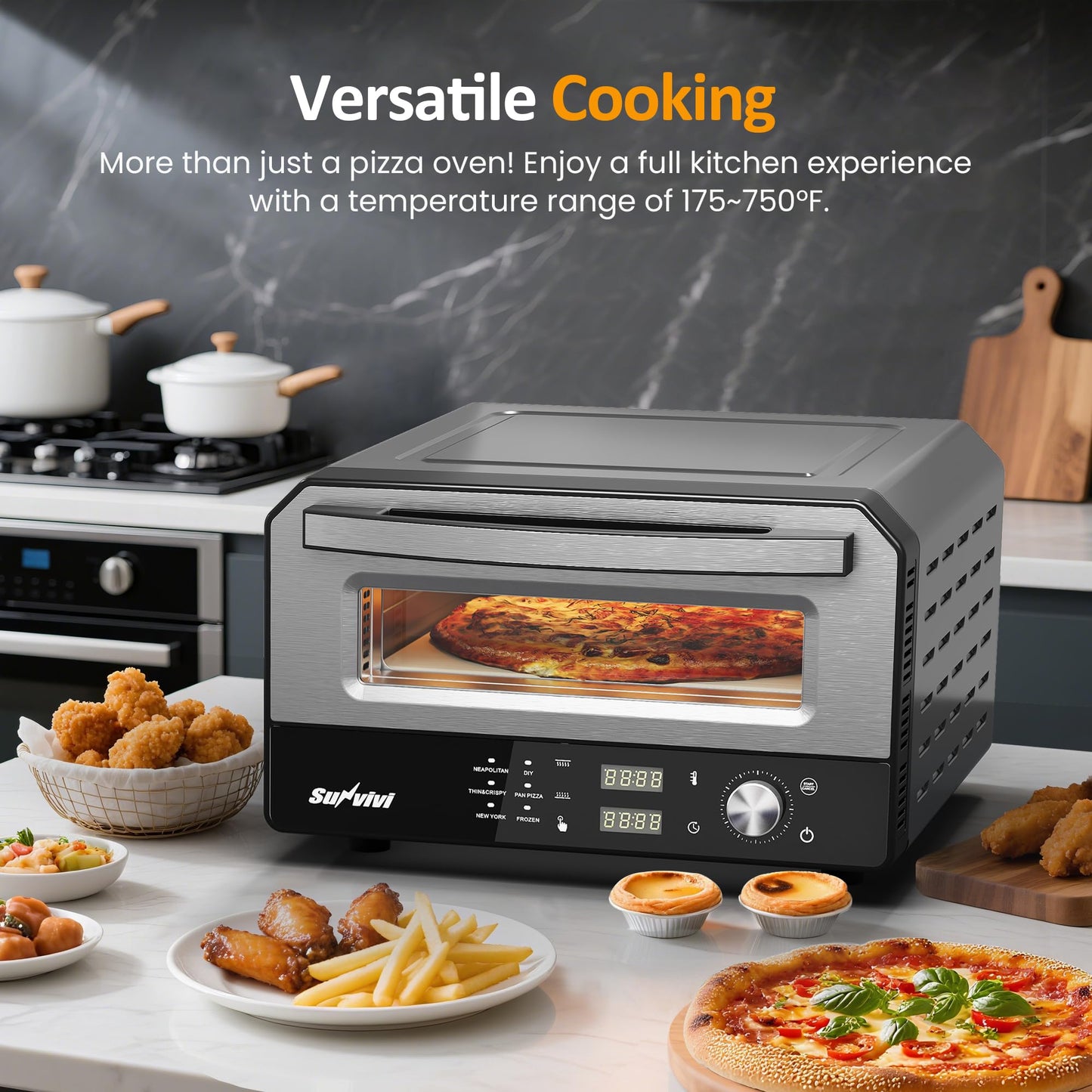 SUNVIVIPRO Pizza Oven Indoor Outdoor: Heats up to 750℉, Up to 12" Electric Countertop Pizza Maker with 6 Presets, Control Knob, Portable Pizza Cooker Warmer for Home, Camping, Pizza Stone, Pizza Peel
