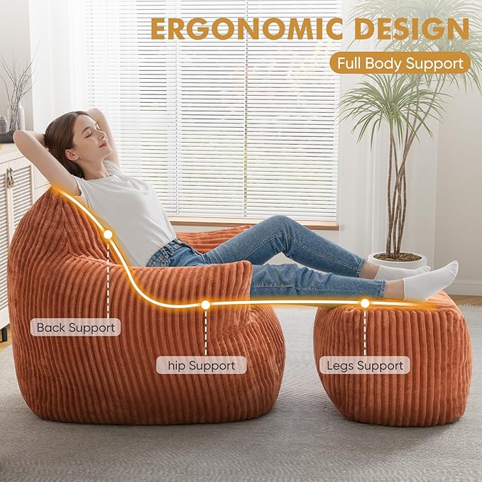 JULY'S SONG Bean Bag Chair with Ottoman for Adults, Fluffy Orange Lazy Couch Sofa Chair with Armrests for Living Room, Bedroom & Dorm