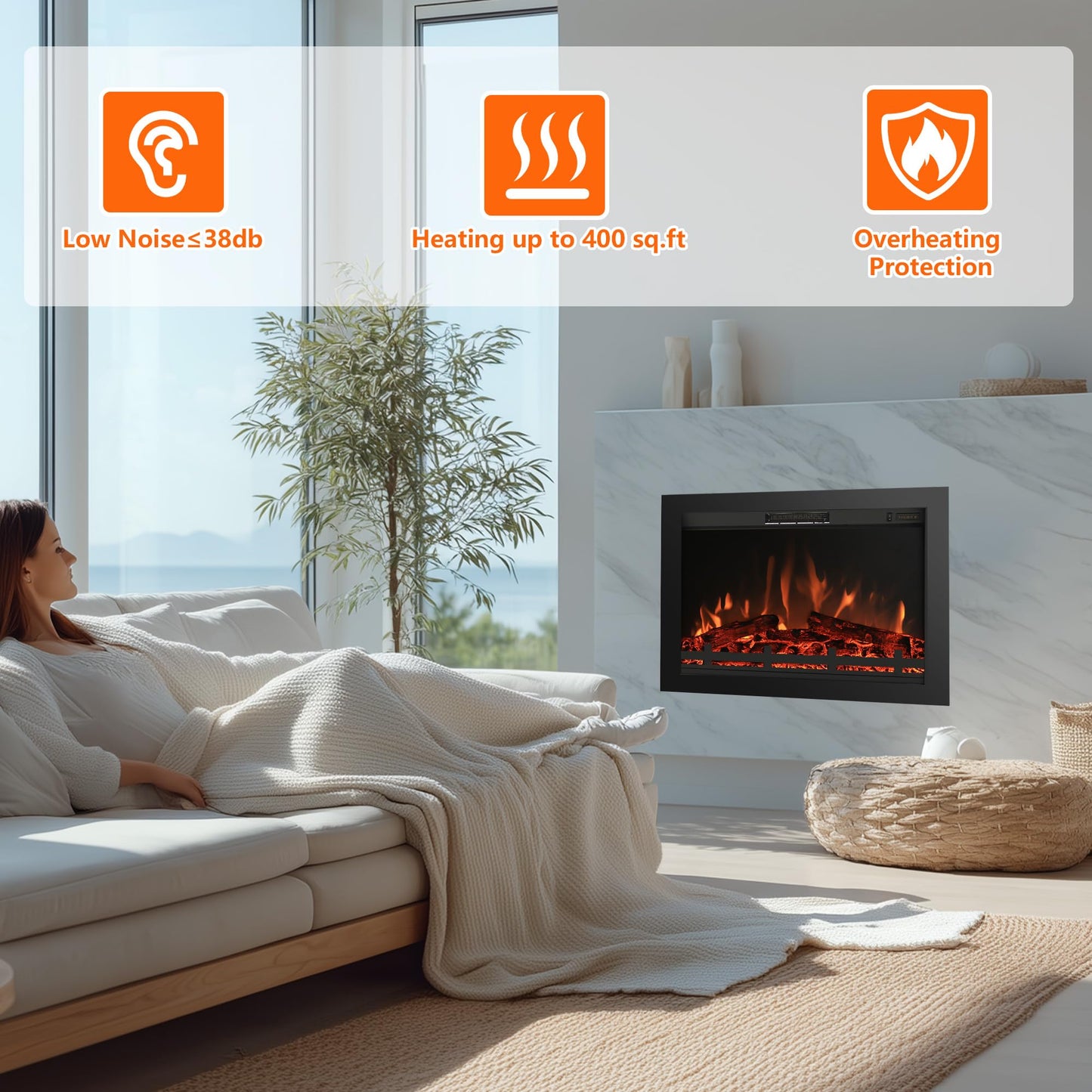 Rodalflame 25.3" Back Width Electric Fireplace Insert with 4 Flames Brightness & 750/1500W, Overheat Protection, No Glass Design