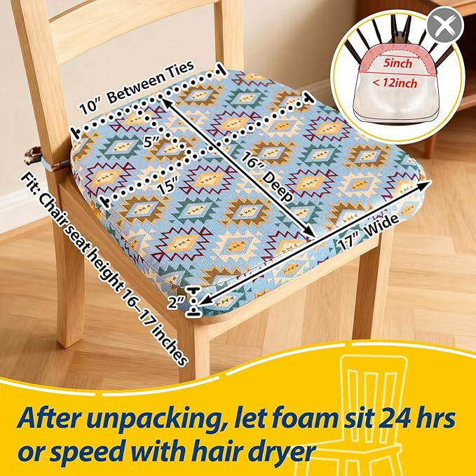 AAAAAcessories D-Shaped Chair Cushions, 2" Thick Dining Chair Pads with Ties and Removable, Machine-Washable Cover, 17" x 16", Geometric Blue