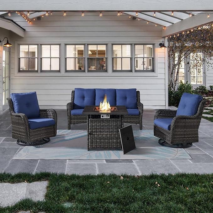 Belord Outdoor Patio Furniture Set with 50000BTU Propane Fire Pit Table, 4 Pieces Wicker Patio Conversation Set with 2 Swivel Rocker Glider Chairs Rattan Sofa Blue Cushion Perfect for Gathering