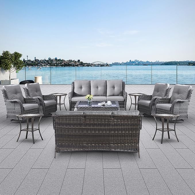 Belord Wicker Patio Furniture Sets - 13 Piece Outdoor Rattan Furniture Conversation Sets with 4 Swivel Rocker Chairs, 2 Rattan Sofas, Wicker Ottomans and Coffee Table, Mixed Grey/Grey