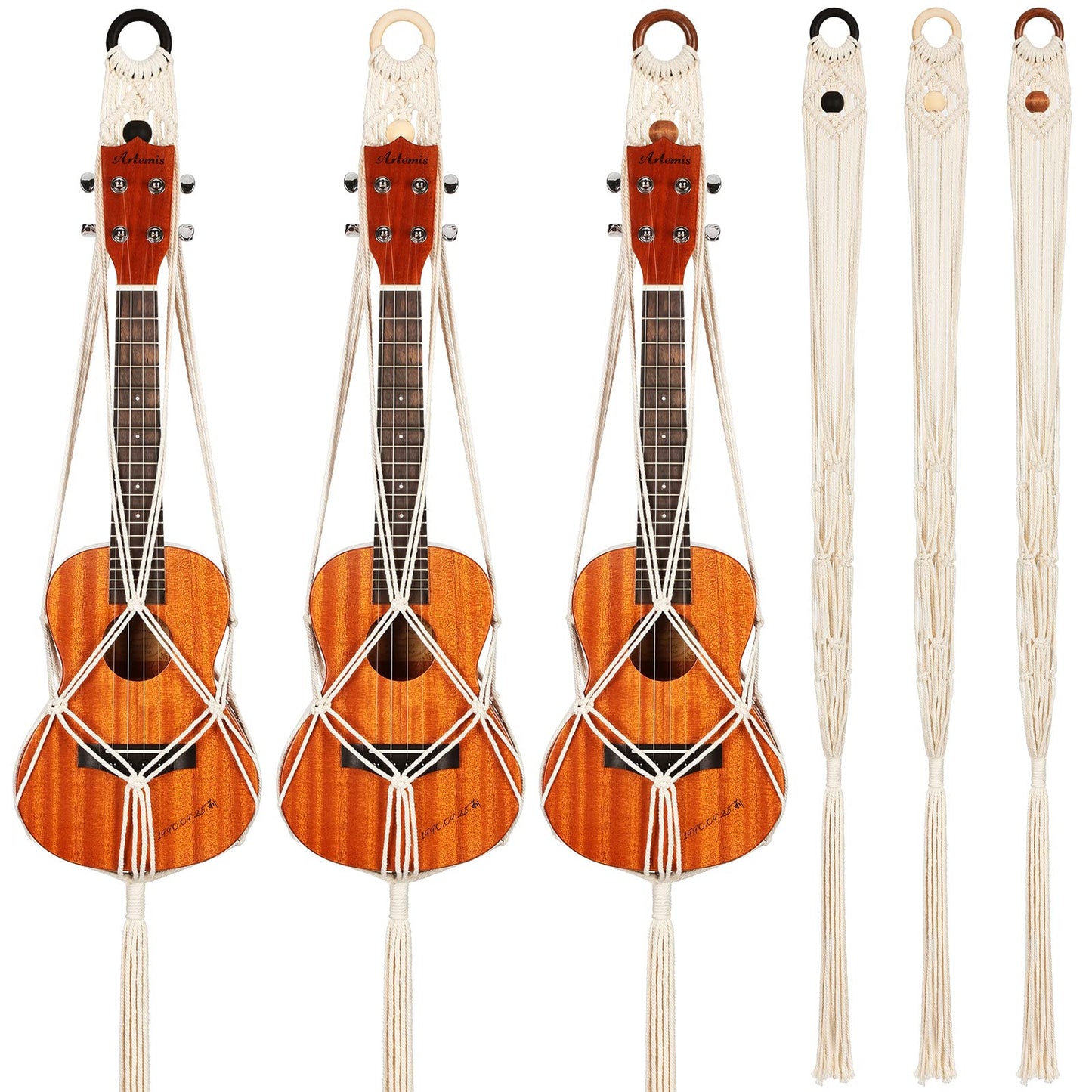 3 Pieces Macrame Ukulele Hanger Wall Mount, 21 to 24 Inches Boho Hanging Stand Holder for Soprano Case, Wall Decor Alternative Kit, Black Ring and Wooden Bead
