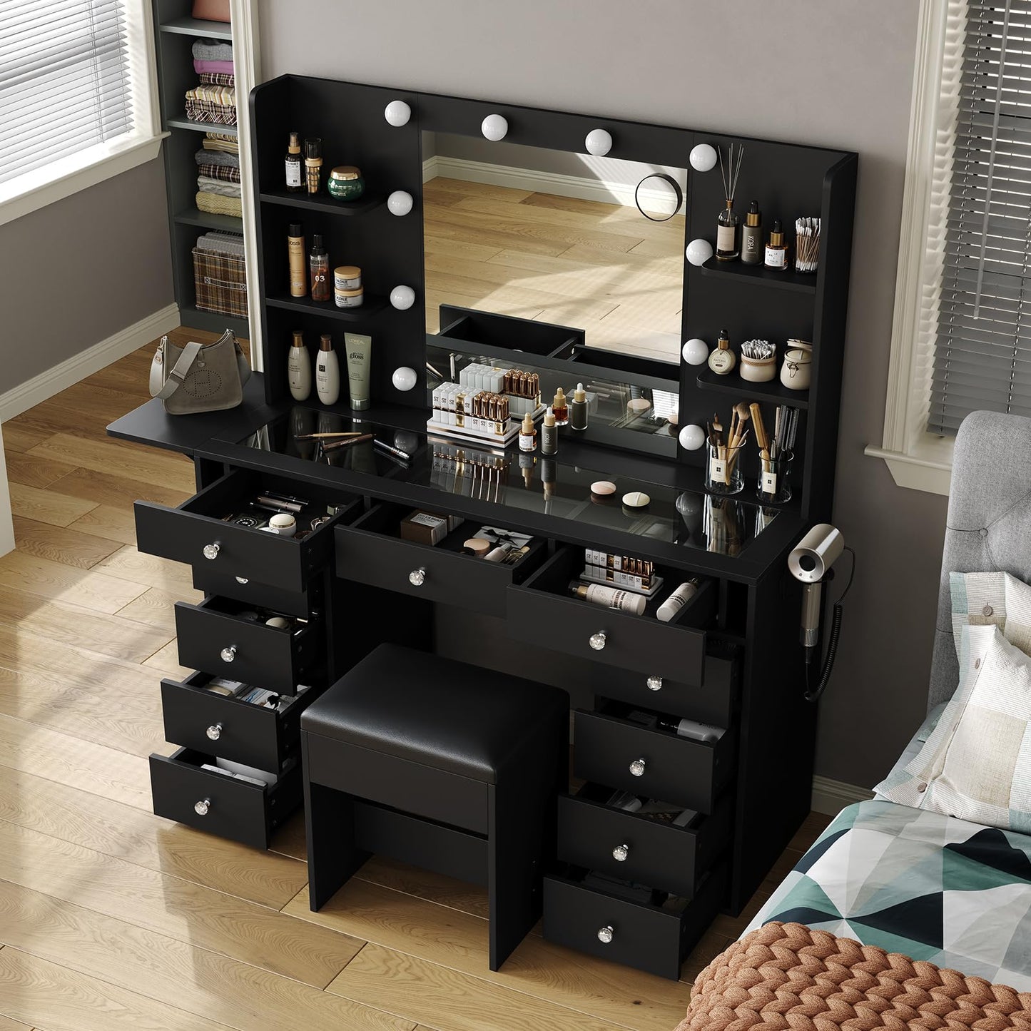 Vanity Desk with Power Outlet, 11 Drawers Makeup Vanity with Lighted Mirror, 3 Colors Adjustable, Glass Top with Chair, 4 Shelves and Fold-up Panel, Vanity Set for Bedroom, Dressing Room, Black
