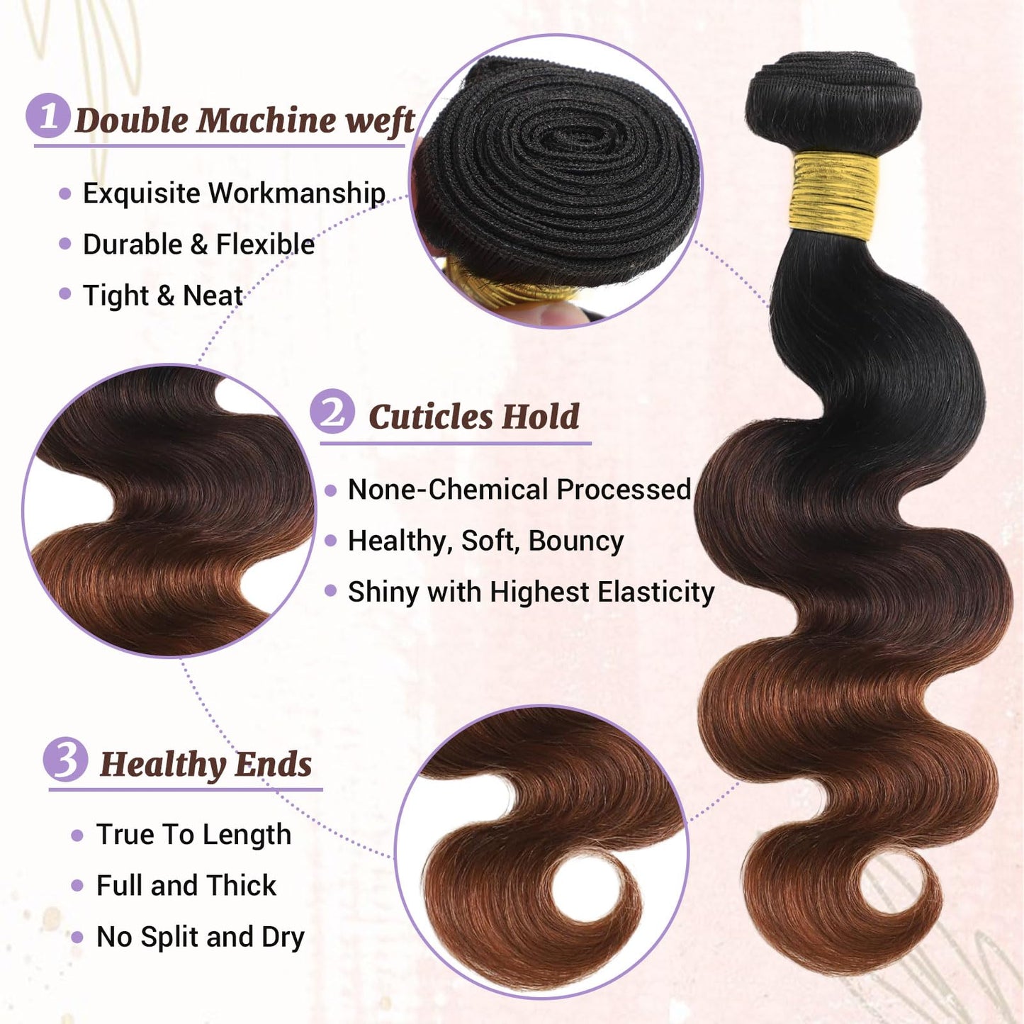 T1B/2/30 Chestnut Brown Ombre Human Hair Bundles Body Wave 100% Real Virgin Human Hair Bundles 10 12 14 Inch Dark Roots Bundle 3