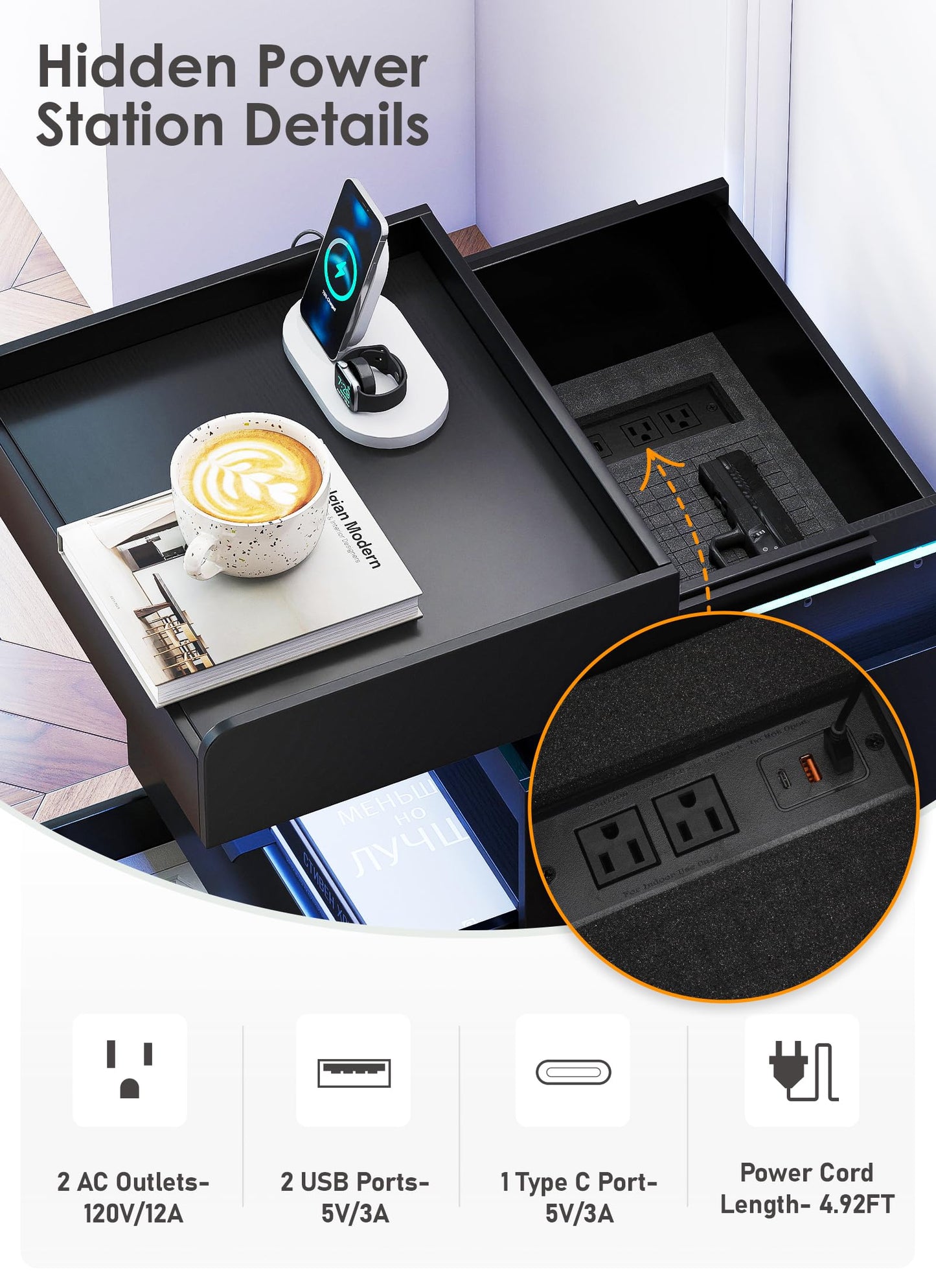 Night Stand with Gun Drawer - Modern Nightstand with Charging Station & LED Lights Widen Bedside Tables with 2 Drawers Hidden Sliding Top Storage Open Cabinet End Table for Living Room Bedroom Black