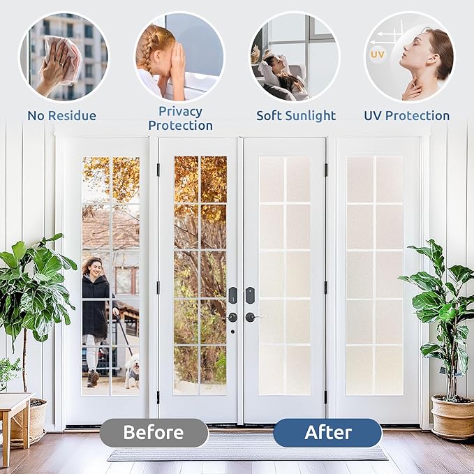 rabbitgoo Window Privacy Film for Glass Windows with Kit Decorative Clings UV Blocking Heat Control Static Cling Removable Bathroom Bedroom Door Home Coverings Pure, 17.5 x 78.7 inches