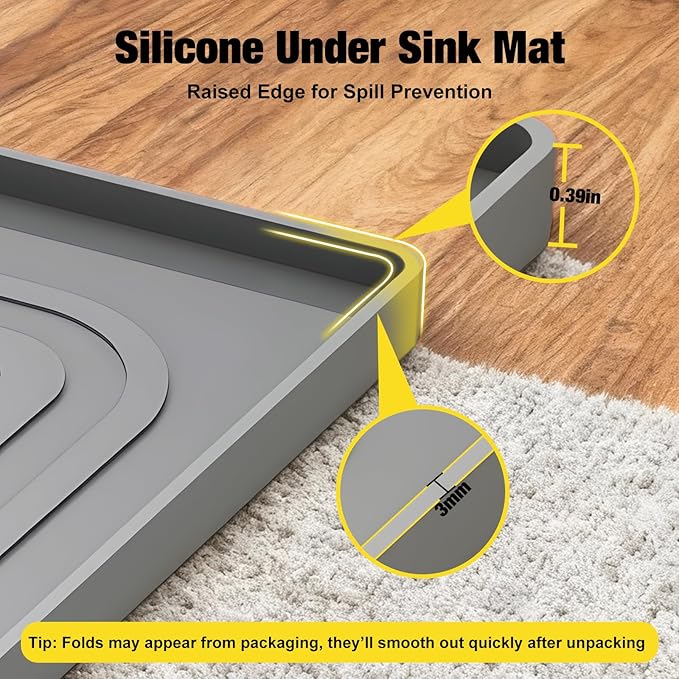 Under Sink Mat 25" X 19", Waterproof Silicone Under Sink Mats for Kitchen, Anti-Leak Shelf Liner & Cabinet Protector with Raised Edge, [BPA Free] Bathroom Tray Home Organizer, Grey