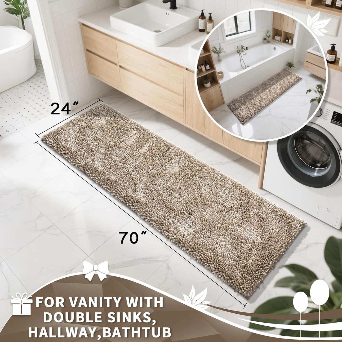 Yimobra Long Bathroom Rugs Runner 70x24 Inch, Extra Thick Soft Absorbent Chenille Bath Mat, Non Slip Machine Washable, Quick Dry Bath Rugs for Bathroom Floor, Tub and Shower, Camel