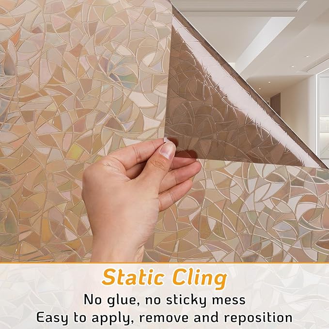LUTE Window Privacy Film, Rainbow Window Flim, 3D Decorative Stained Glass Cling, Non-Adhesive Vinyl Static Cling Removable Glass Sticker, Sun UV Blocking Covering for Home, Brown, 23.6 x 78.7 inches