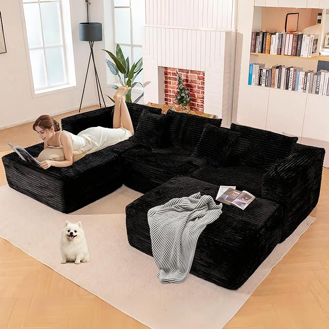 110 Modular Sectional Boneless Sofa with 2 Ottomans, Corduroy U-Shaped Modular Sectional Sofa, Convertible Cloud Couch with Deep Seats, No Assembly Required (Black, 110" 3Seat+2 0ttoman)