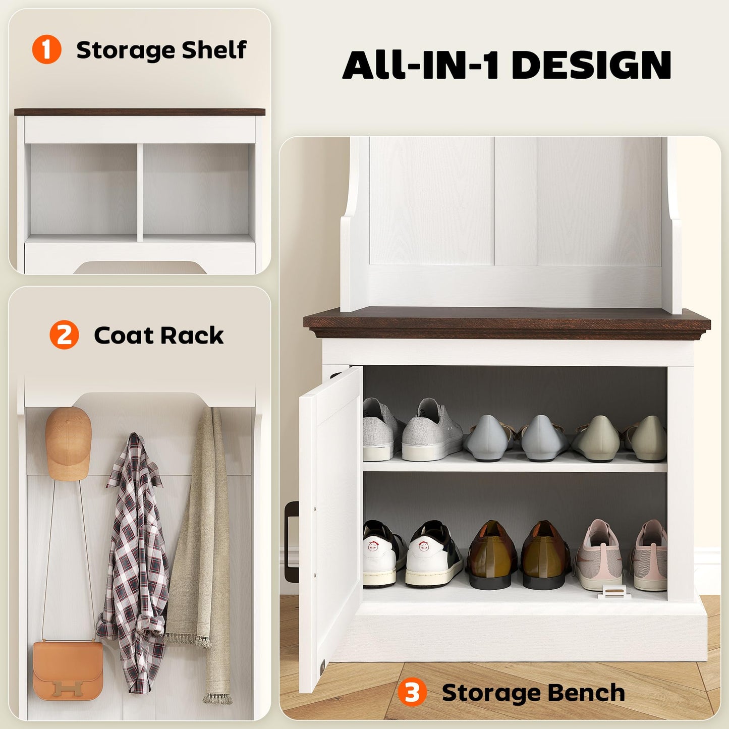 HOMCOM 3-in-1 Hall Tree with Shoe Storage, Standing Coat Rack with Shoe Bench, Entryway Furniture with Three Hooks, White Wood Grain