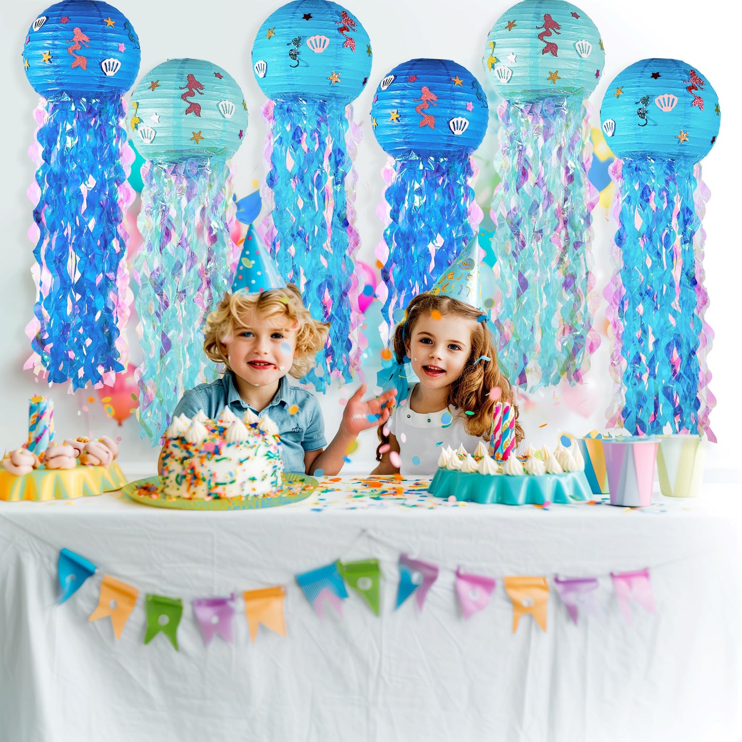 OBXT 12" Blue Jellyfish Lanterns - Mermaid Birthday Decorations, Under the Sea Party Supplies, Ocean Theme Hanging Jellyfish Decor for Classroom, Nautical Events, and Underwater Adventure (Set of 6)