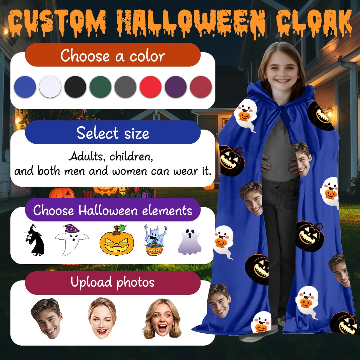 Personalized Halloween Hooded Cloak - Custom Photo Print Cape for Adults & Kids, Multiple Colors | Halloween Costumes Adult, Cloak with Hood,S-2Xl (90-180Cm) (Red)