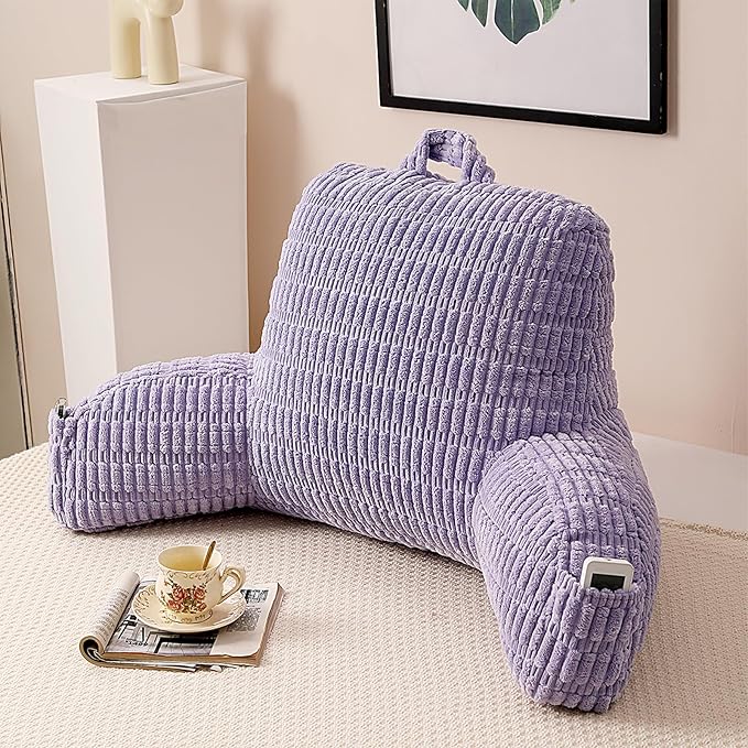 PAJEO Reading Pillow for Sitting in Bed, Large Backrest Reading Pillow with Arm Rest,Back-Rest Support Cushion for Sit Up on Couch, Sofa, and Floor (Light Purple Corduroy, Large(19"))