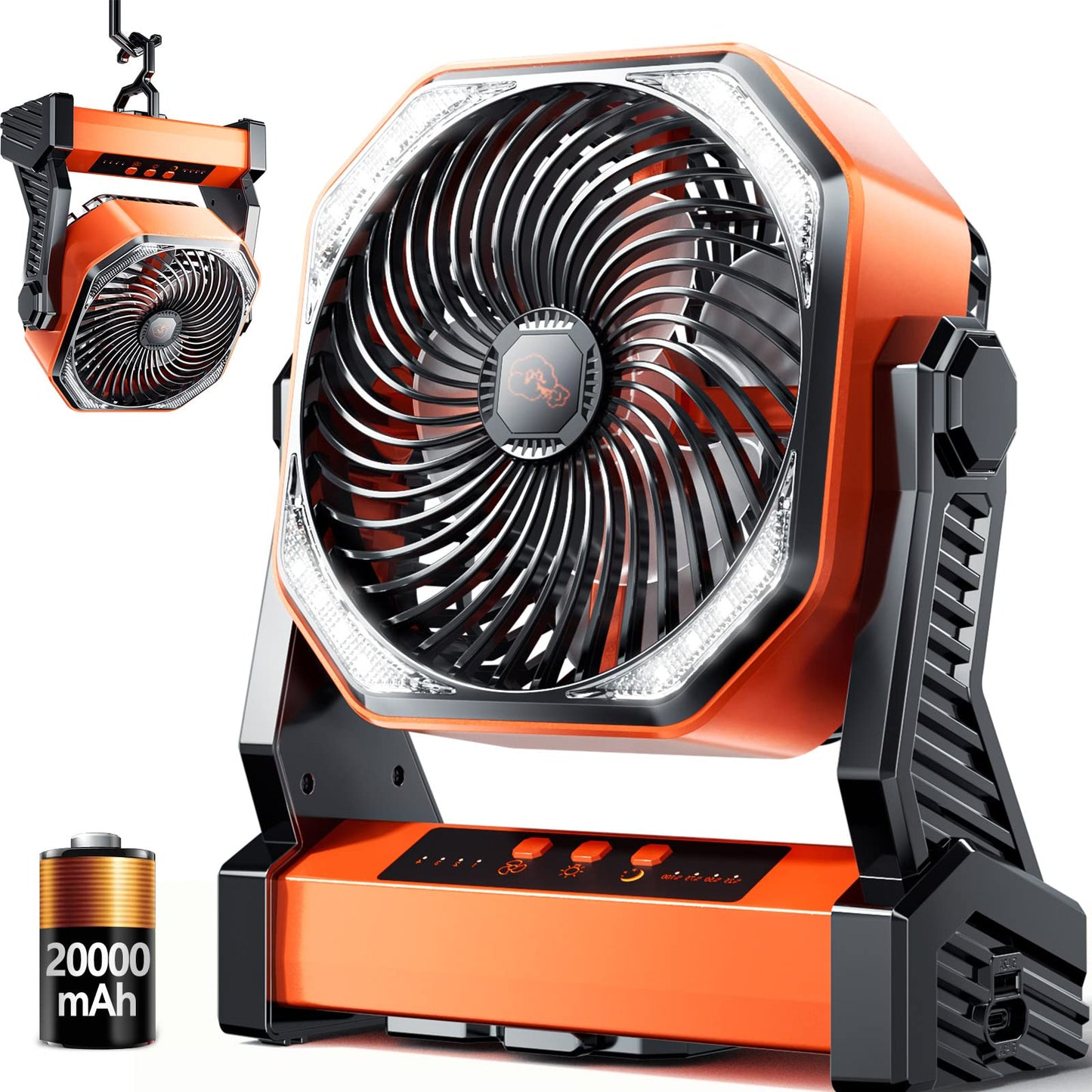 Camping Led Fan With Light,20000Mah Rechargeable Battery Powered Outdoor Tent Fan With Light And Hook, 4 Speed, Personal Usb Des
