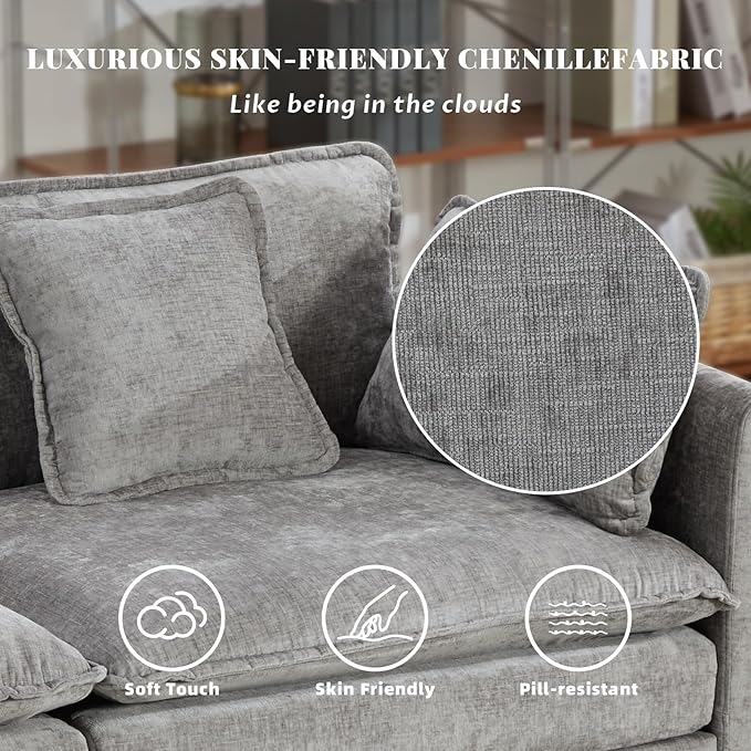SoarFlash 149.61" Chenille Sectional Sofa, Comfy L Shaped Modular Coush Sofa with Ottoman, Modern 4 Seat Couch Deep Seat Sofa Set for Living Room,Grey