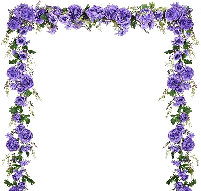 DearHouse Artificial Peony Flower Garland - 6ft/Strand Silk Peony Garland with Pink Flowers for Wedding Party Table Decoration,Deep Ruby (Purple)