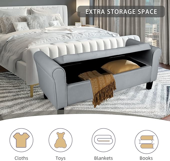 Babion Storage Bench for Bedroom End of Bed, Button Tufted Storage Ottoman Bench 51 Inch, End of Bed Storage Bench with Upholstered, Rolled Arm Window Bench Seat with Solid Wood Legs, Dark Grey