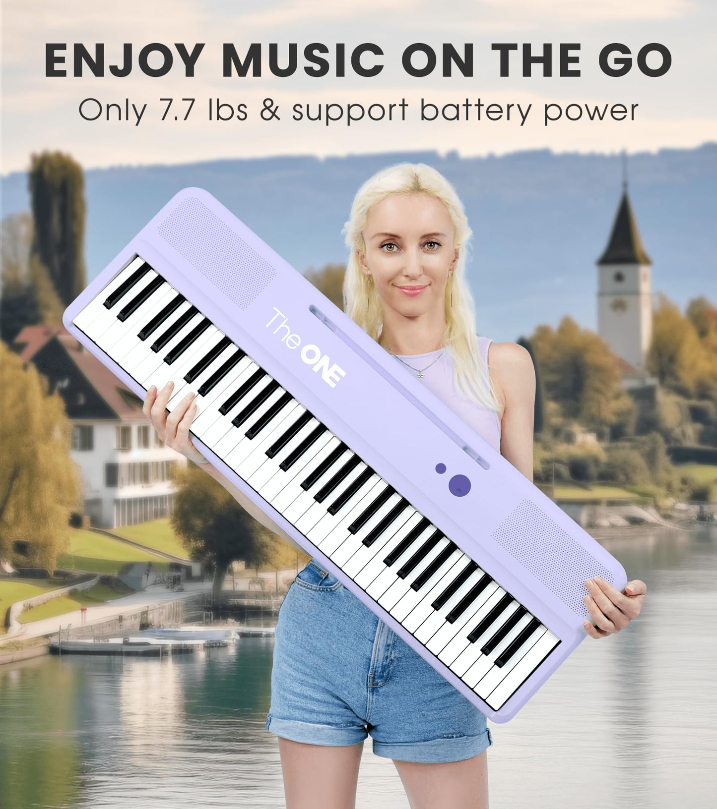 The ONE Smart Keyboard COLOR 61 Lighted Keys Piano Keyboard, Electric Piano for Beginners with 256 Tones, 64 Polyphony, Built-in LED Lights & Apps, Supports USB MIDI/Headphones (Purple)