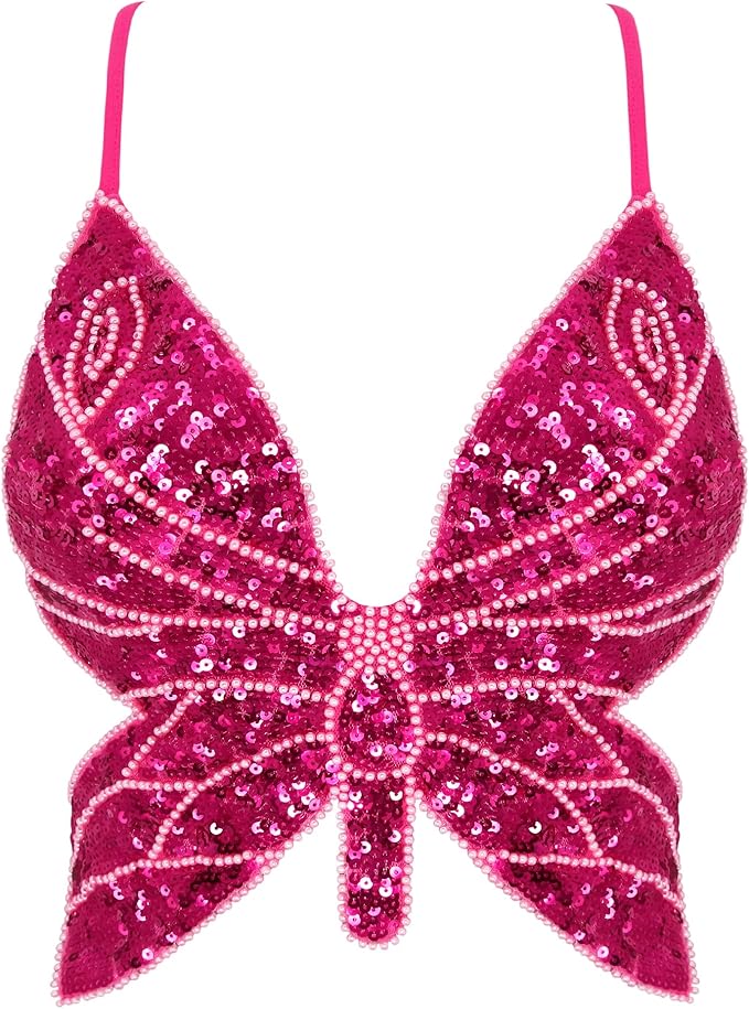 Mocure Womens Glitter Sequin Butterfly Crop Top Low-Cut Tank Top Rave Tube Vest Top for Belly Dance Costume Outfits
