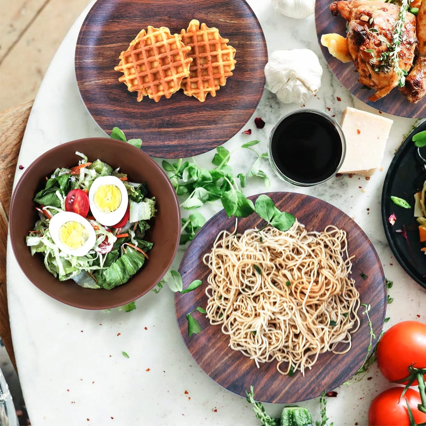 TP 12-Piece Dinnerware Set, Melamine Dishes Set with Bowls and Plates, Non-breakable and Lightweight Dinner Service for 4, Wood Grain
