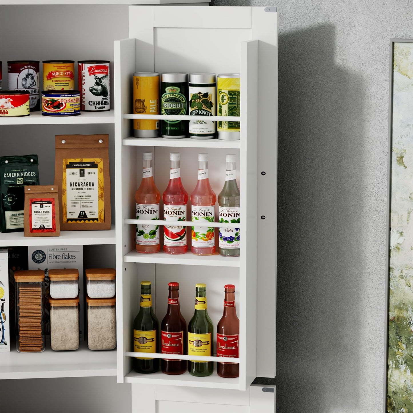 Gyfimoie Corner Cabinet,Kitchen Pantry Storage Cabinets,Freestanding Corner Pantry Cabinet with 4 Doors and Shelves,Tall Food Pantry Farmhouse Furniture with Side Rack for Kitchen Dining Room (White)