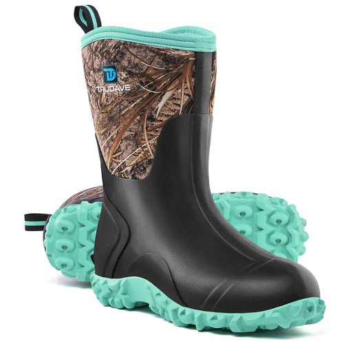Trudave Rubber Boots for Women with Steel Shank, 6mm Neoprene Mid Calf Rain Boots, Waterproof Insulated Mud Work Boots All Season, Green, Size 8