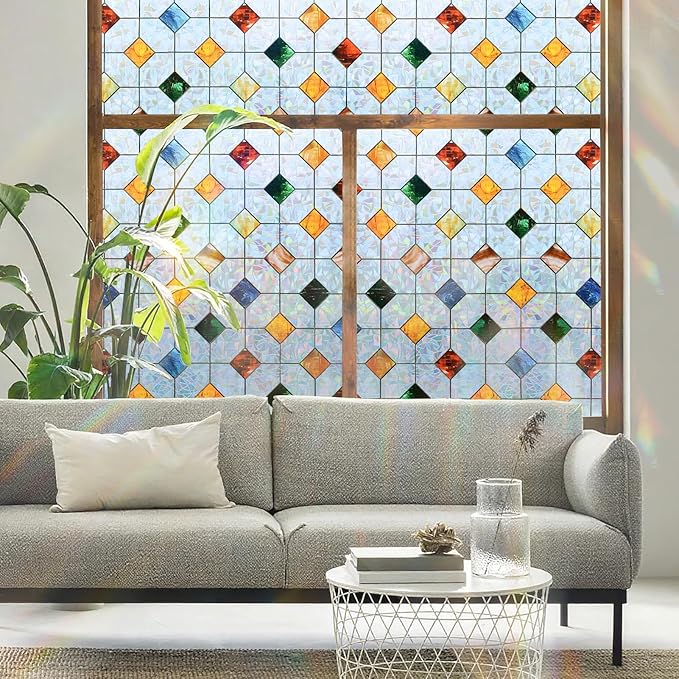 DKTIE Colorful Gem Lattice Pattern Decorative Window Privacy Film Rainbow Stained Glass Window Film Classroom Decor Renter Friendly Decor (S533, 29.5in X 78.7in)