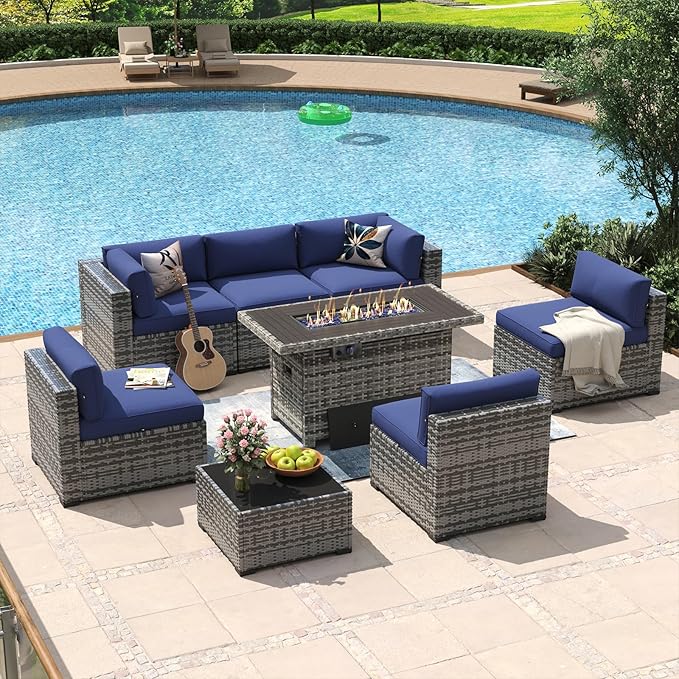 Aoxun 8 Piece Patio Furniture Set with 40'' Fire Pit Table Wicker Rattan Patio Conversation Set Outdoor Sectional Sofa Set with Coffee Table, Grey/Blue(Waterproof Cover Included)